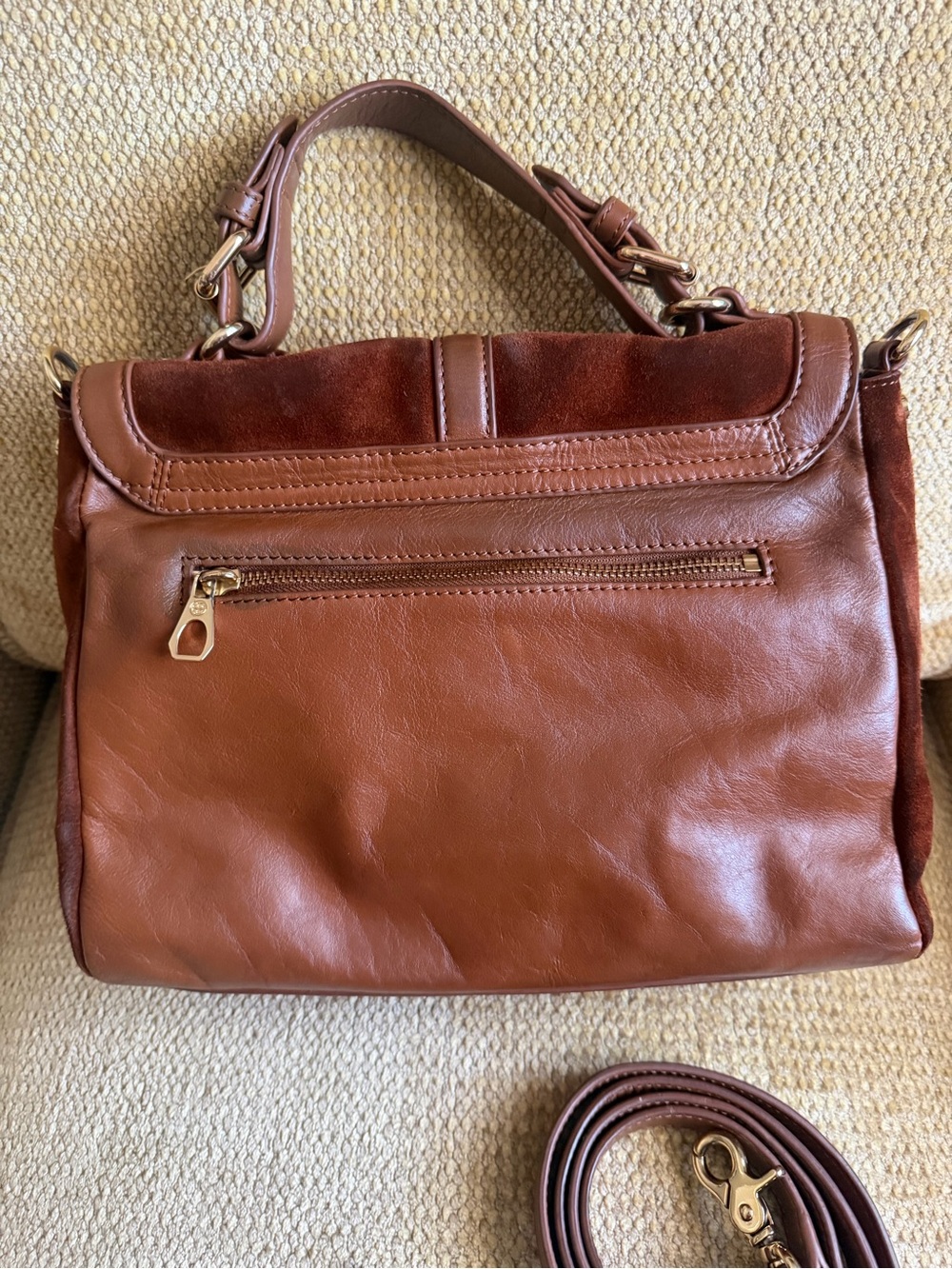 Tory Burch 797 Brown Leather & Suede Top-Handle Satchel - Picture 2 of 6